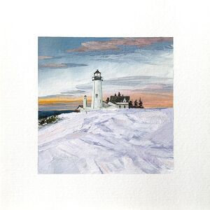 8x8 Maine Original Oil Painting Pemaquid Point Lighthouse Landscape Coast Signed